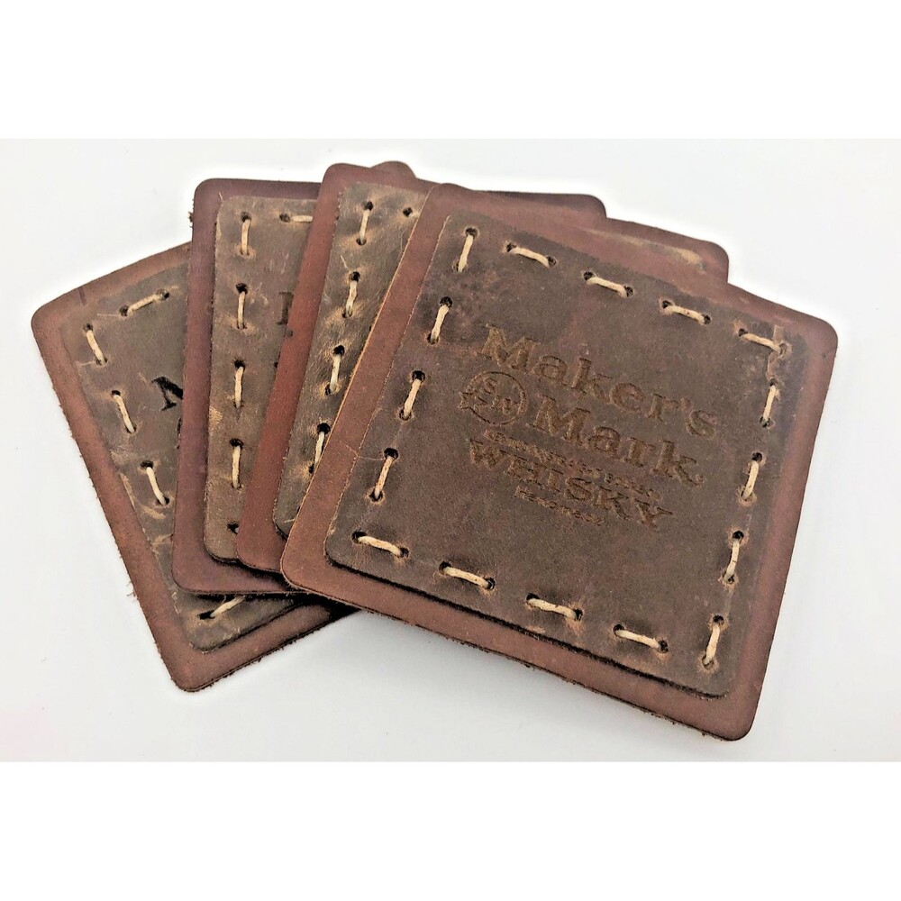 Makers Mark Bourbon Leather Coaster Gift Set of 4 Brown Logo Stitched Rustico KY